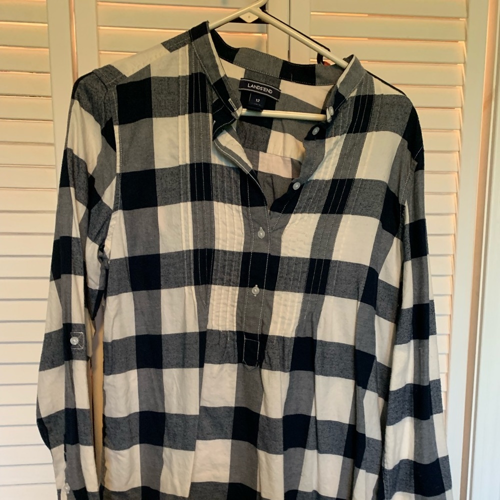 Lands End dark blue and white flannel shirt